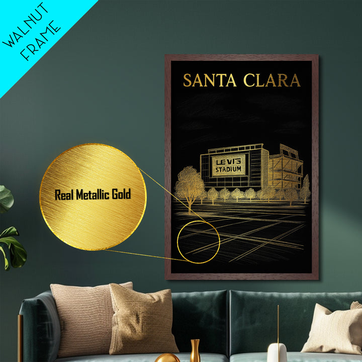 Santa Clara California travel, Metallic Gold Print, College Dorm Décor, Metal Art, Wood Framed Art, Graduation Travel Gift, Traveler Gift