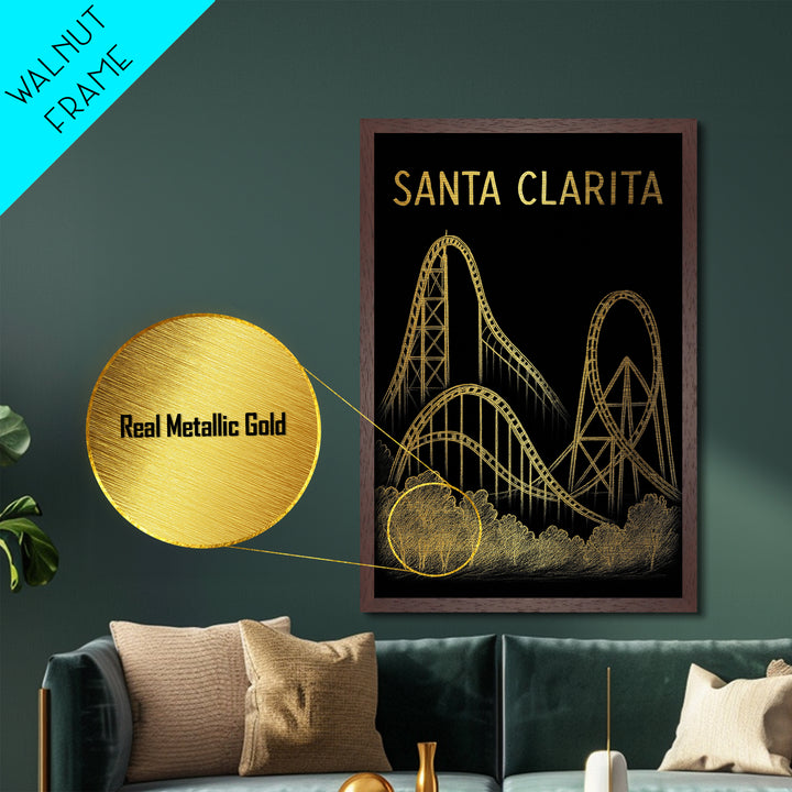 Santa Clarita California travel, Metallic Gold Print, Modern Skyline Wall Print, Metal Art, Wood Framed Art, Adventure Lover Gift