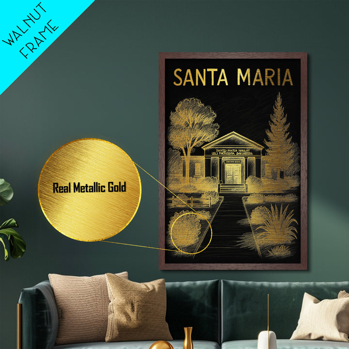 Santa Maria California travel, Metallic Gold Print, Closing Gift, Metal Art, Wood Framed Art, Anniversary Travel Gift, Retirement Gift