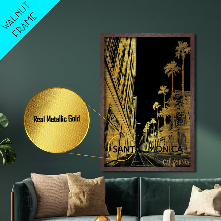 Santa Monica California travel, Metallic Gold Print, Modern House Art, Metal Art, Wood Framed Art, Wanderlust Gift, Travel Art Prints