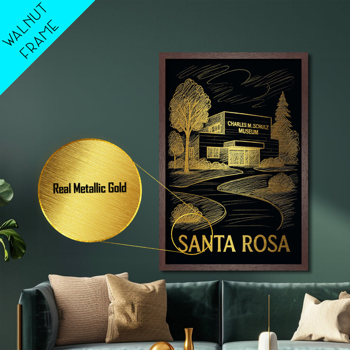 Santa Rosa California art, Metallic Gold Print, Modern House Art, Metal Art, Wood Framed Art, Traveler Gift, Destination Gift