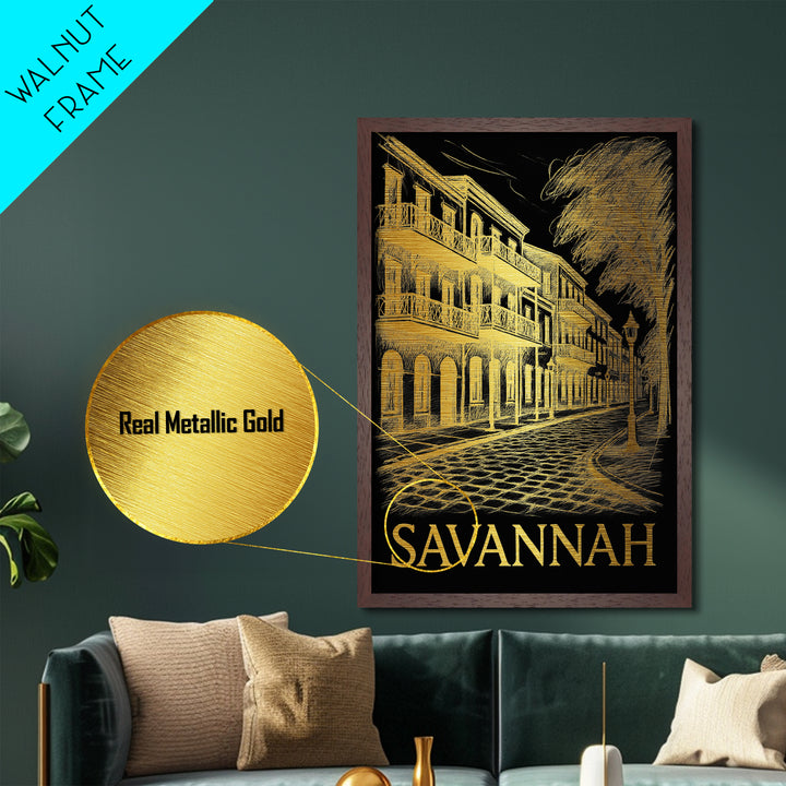 Savannah Georgia art, Metallic Gold Print, College Dorm Décor, Metal Art, Wood Framed Art, Graduation Travel Gift, Traveler Gift