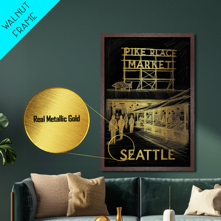 Seattle Washington art, Metallic Gold Print, Closing Gift, Metal Art, Wood Framed Art, Anniversary Travel Gift, Retirement Gift