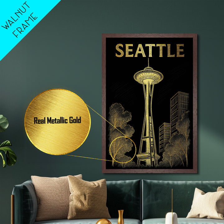Seattle Washington travel, Metallic Gold Art, Office Decor, Metal Art, Wood Framed Art, Graduation Travel Gift, Destination Gift