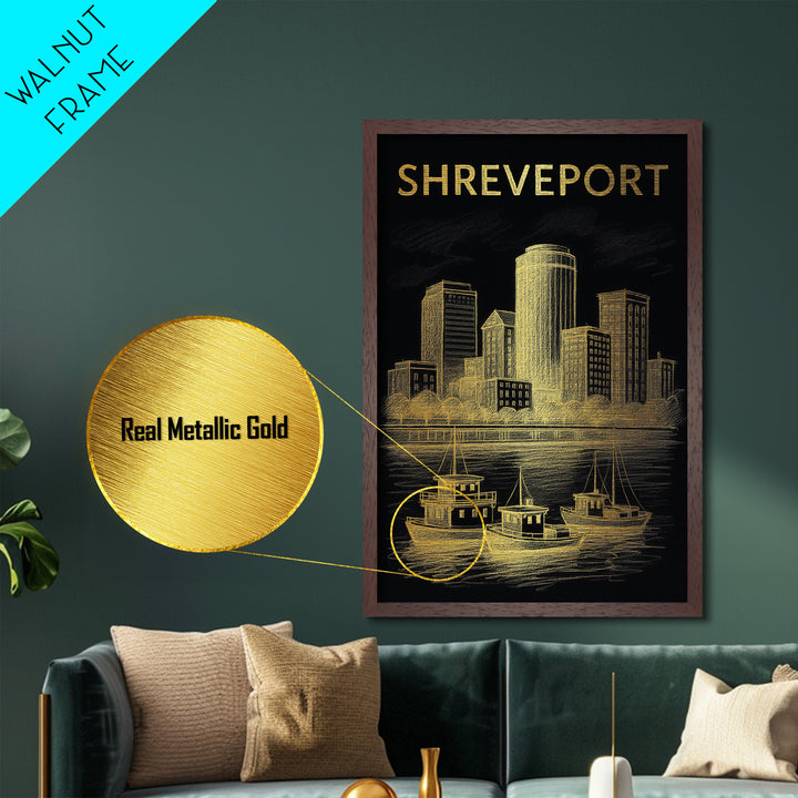Shreveport Louisiana travel, Metallic Gold Print, Modern House Art, Metal Art, Wood Framed Art, Wanderlust Gift, Travel Art Prints