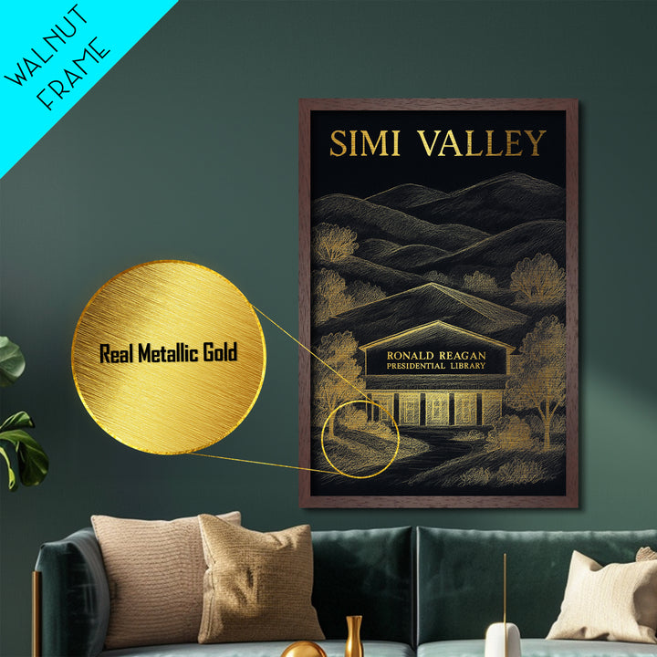 Simi Valley California travel, Metallic Gold Print, Modern House Art, Metal Art, Wood Framed Art, Traveler Gift, Destination Gift