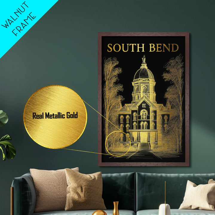 South Bend Indiana travel, Metallic Gold Print, Modern Skyline Wall Print, Metal Art, Wood Framed Art, Adventure Lover Gift, Travel Gift