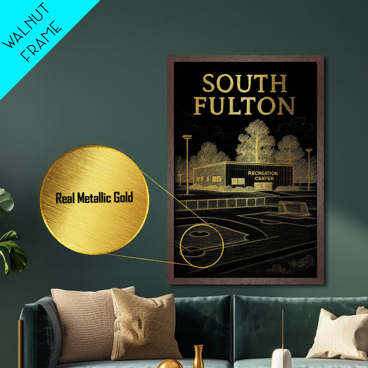 South Fulton Georgia travel, Metallic Gold Print, Closing Gift, Metal Art, Wood Framed Art, Anniversary Travel Gift, Retirement Gift