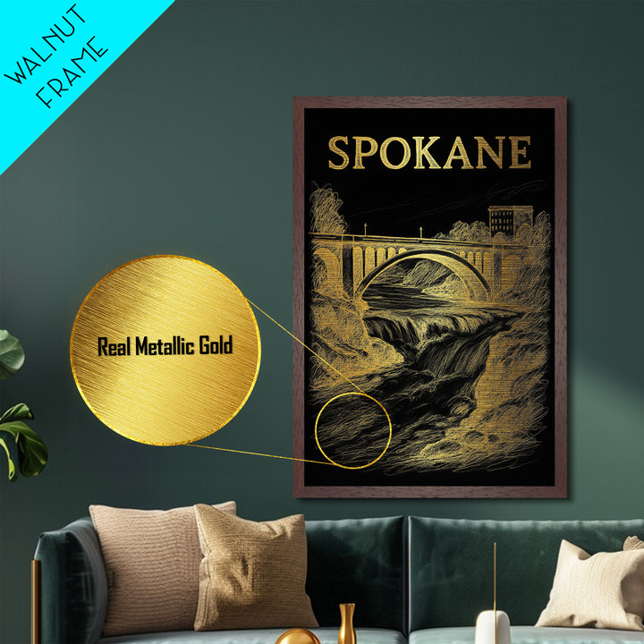 Spokane Washington travel, Metallic Gold Print, Modern House Art, Metal Art, Wood Framed Art, Traveler Gift, Destination Gift