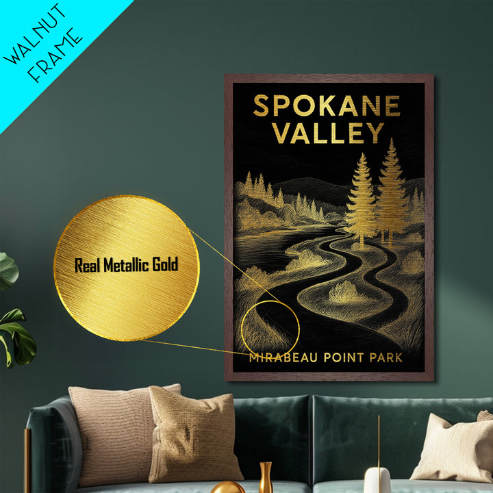 Spokane Valley Washington travel, Metallic Gold Print, College Dorm Décor, Metal Art, Wood Framed Art, Graduation Travel Gift