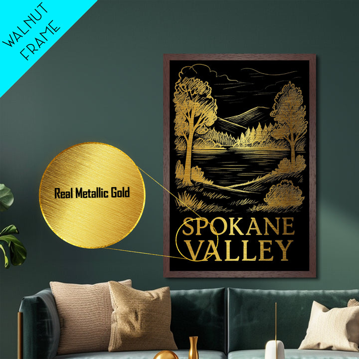 Spokane Valley Washington art, Metallic Gold Art, Best Friend Gifts, Metal Art, Wood Framed Art, Birthday Travel Gift, Destination Gift