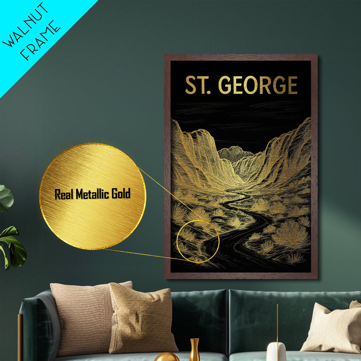 St. George Utah travel, Metallic Gold Print, Modern Skyline Wall Print, Metal Art, Wood Framed Art, Adventure Lover Gift, Travel Gift