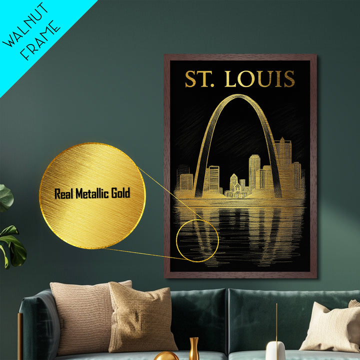 St. Louis Missouri travel, Metallic Gold Print, Closing Gift, Metal Art, Wood Framed Art, Anniversary Travel Gift, Retirement Gift