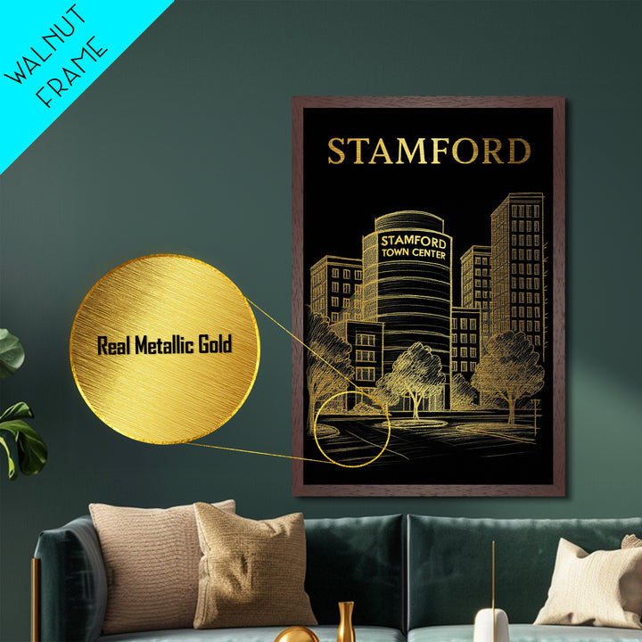Stamford Connecticut travel, Metallic Gold Print, Modern House Art, Metal Art, Wood Framed Art, Wanderlust Gift, Travel Art Prints