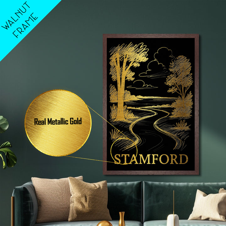 Stamford Connecticut art, Metallic Gold Art, Modern House Art, Metal Art, Wood Framed Art, Graduation Travel Gift, Travel Wall Decor