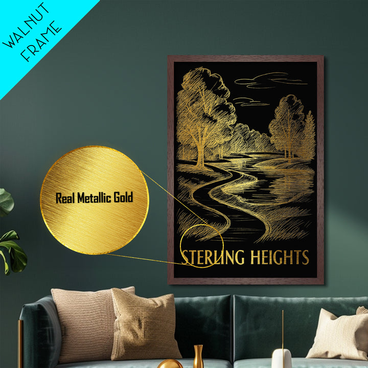 Sterling Heights Michigan art, Metallic Gold Art, Best Friend Gifts, Metal Art, Wood Framed Art, Birthday Travel Gift, Destination Gift