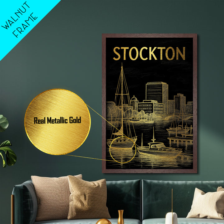 Stockton California travel, Metallic Gold Print, Modern House Art, Metal Art, Wood Framed Art, Wanderlust Gift, Travel Art Prints