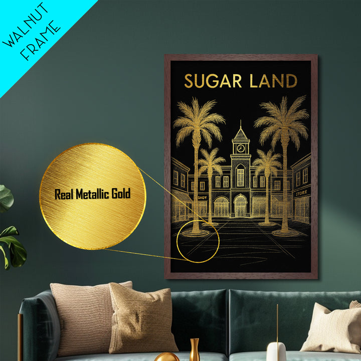 Sugar Land Texas travel, Metallic Gold Print, College Dorm Décor, Metal Art, Wood Framed Art, Graduation Travel Gift, Traveler Gift