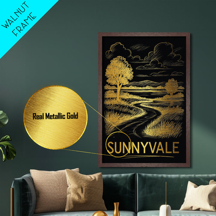 Sunnyvale California art, Metallic Gold Art, Housewarming Gift, Metal Art, Wood Framed Art, Newlywed Travel Gift, Honeymoon Gift