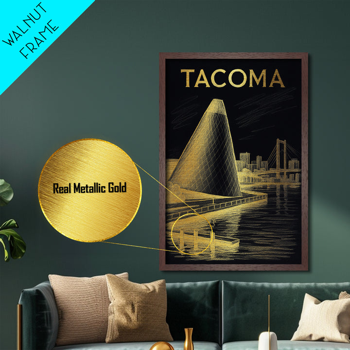 Tacoma Washington travel, Metallic Gold Print, Modern House Art, Metal Art, Wood Framed Art, Graduation Travel Gift, Destination Gift
