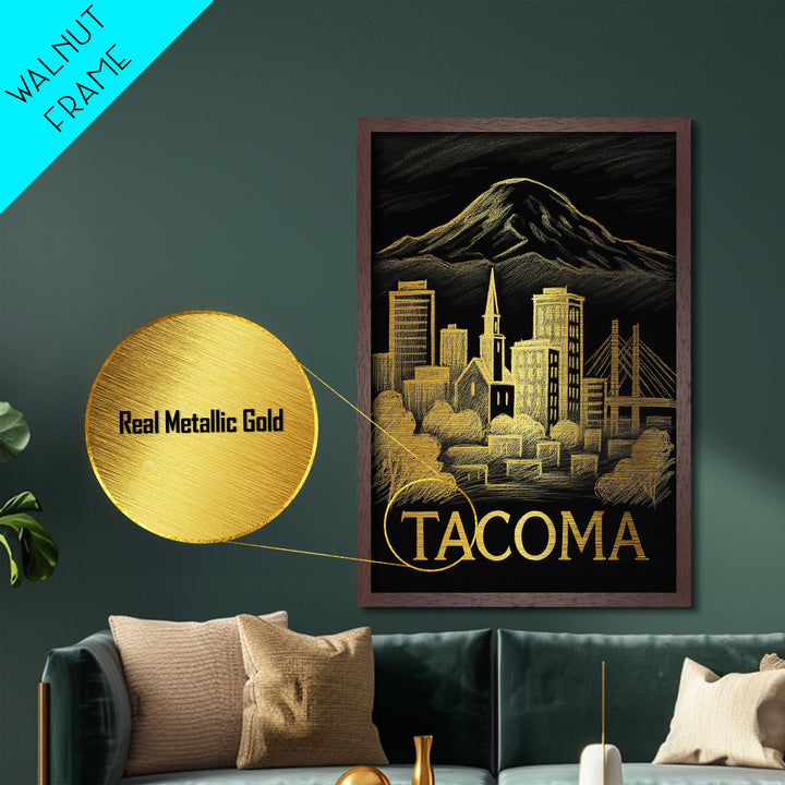 Tacoma Washington art, Metallic Gold Art, Modern House Art, Metal Art, Wood Framed Art, Graduation Travel Gift, Travel Gift