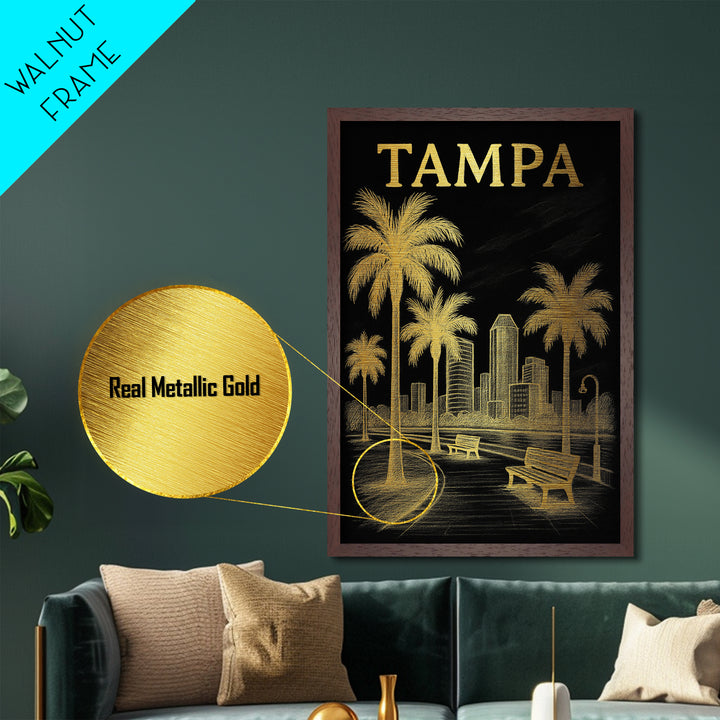 Tampa Florida travel, Metallic Gold Print, Modern Skyline Wall Print, Metal Art, Wood Framed Art, Adventure Lover Gift, Travel Gift