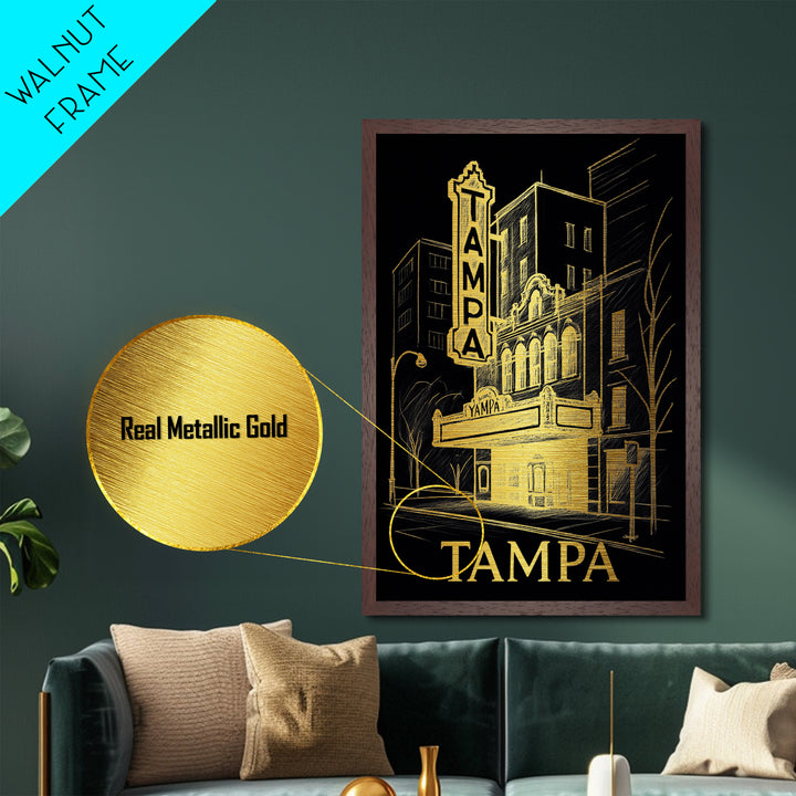 Tampa Florida art, Metallic Gold Art, Housewarming Gift, Metal Art, Wood Framed Art, Newlywed Travel Gift, Honeymoon Gift