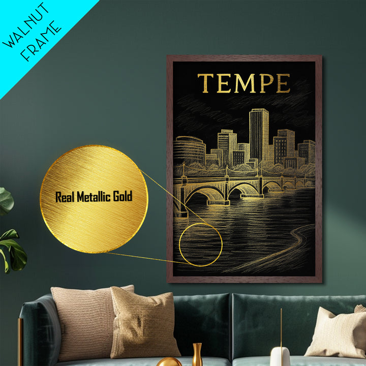 Tempe Arizona travel, Metallic Gold Print, Modern House Art, Metal Art, Wood Framed Art, Wanderlust Gift, Travel Art Prints