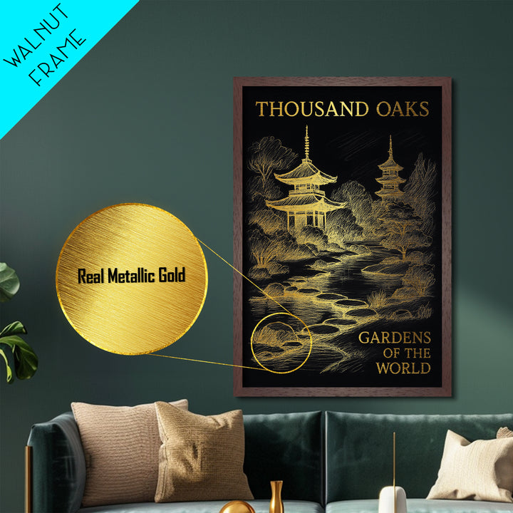 Thousand Oaks California travel, Metallic Gold Print, College Dorm Décor, Metal Art, Wood Framed Art, Graduation Travel Gift, Traveler Gift