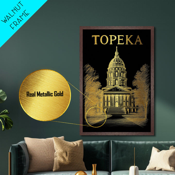 Topeka Kansas travel, Metallic Gold Print, Closing Gift, Metal Art, Wood Framed Art, Anniversary Travel Gift, Retirement Gift