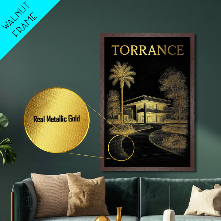Torrance California travel, Metallic Gold Print, Modern House Art, Metal Art, Wood Framed Art, Wanderlust Gift, Travel Art Prints