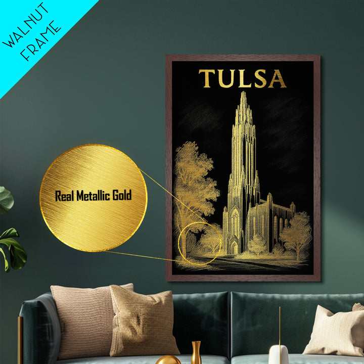 Tulsa Oklahoma travel, Metallic Gold Print, College Dorm Décor, Metal Art, Wood Framed Art, Graduation Travel Gift, Traveler Gift