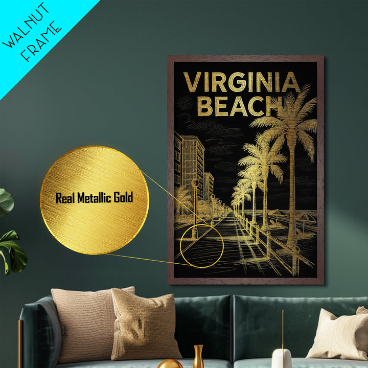 Virginia Beach Virginia travel, Metallic Gold Print, Wood Framed Art, Metal Art, Modern Wall Art, Metallic Gold Print