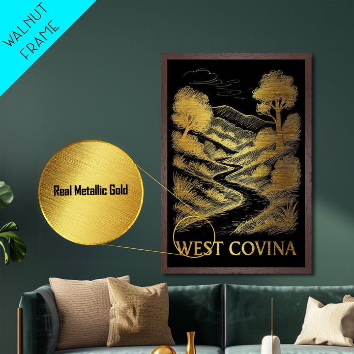 West Covina California art, Metallic Gold Art, Wood Framed Art, Metal Art, College Dorm Décor, Metallic Gold Art