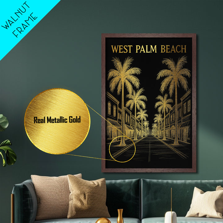 West Palm Beach Florida travel, Metallic Gold Print, Wood Framed Art, Metal Art, Office Decor, Metallic Gold Print, Modern Art