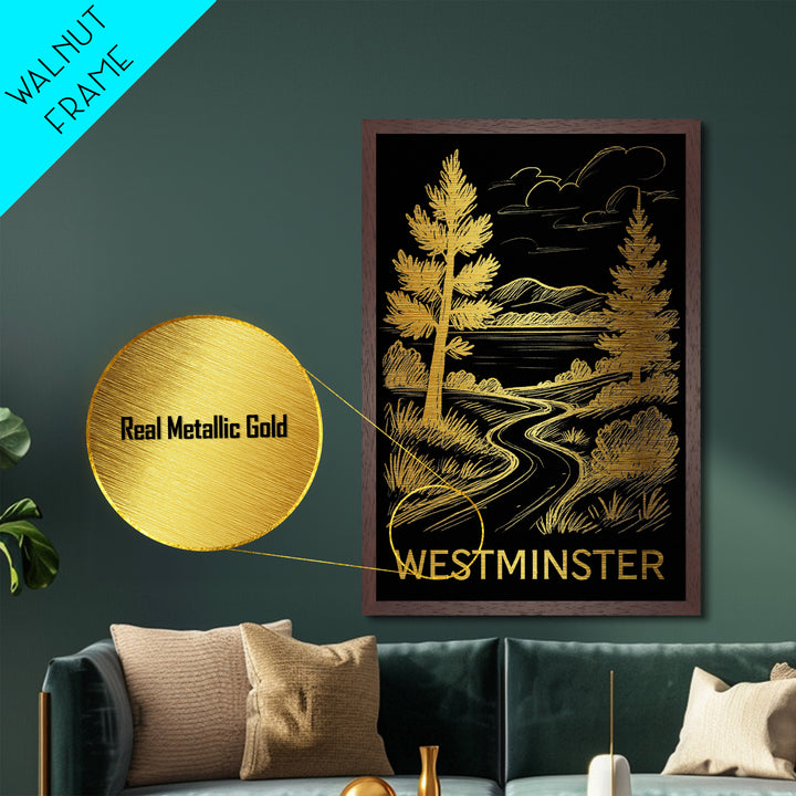 Westminster Colorado art, Metallic Gold Art, Wood Framed Art, Metal Art, Closing Gift, Metallic Gold Art, Living Room Wall Art