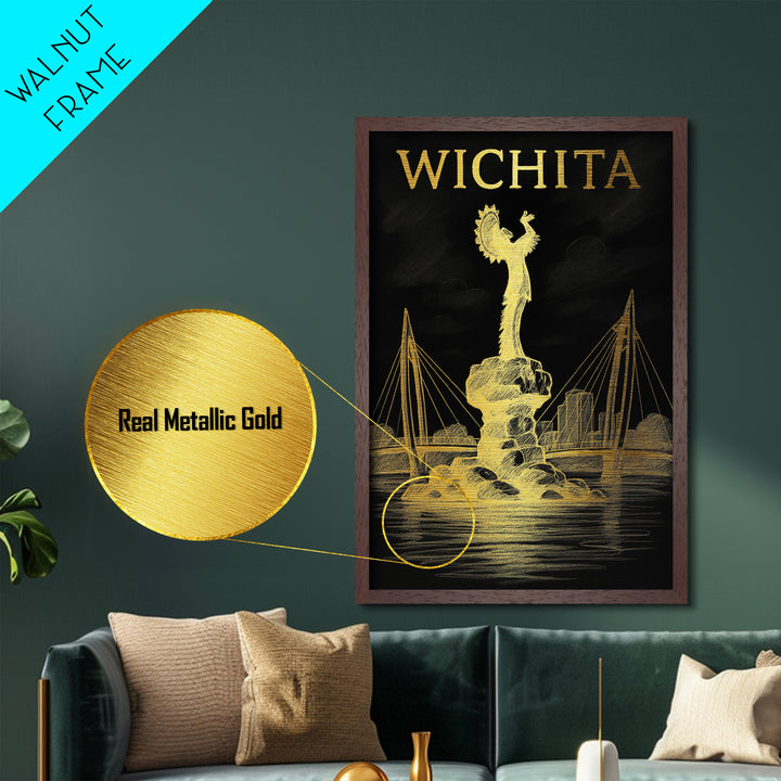 Wichita Kansas travel, Metallic Gold Print, Wood Framed Art, Metal Art, Minimalist Wall Art, Metallic Gold Print, College Dorm Art
