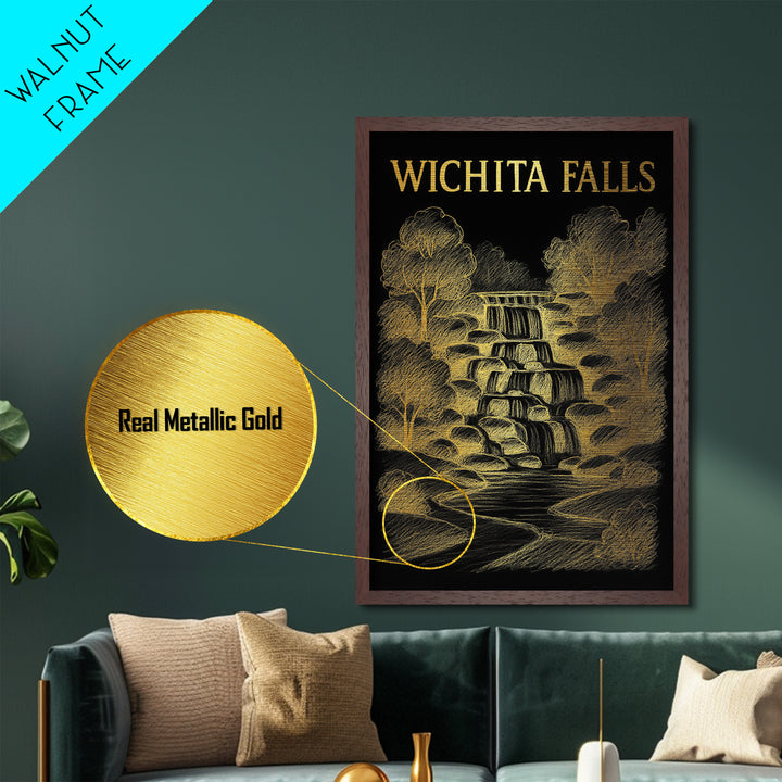 Wichita Falls Texas travel, Metallic Gold Print, Wood Framed Art, Metal Art, College Dorm Décor, Metallic Gold Print