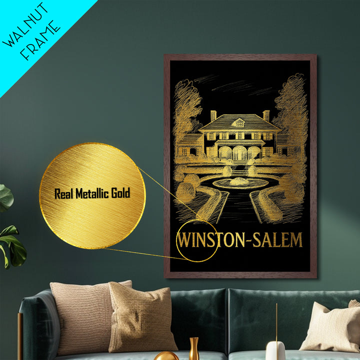 Winston Salem North Carolina art, Metallic Gold Art, Wood Framed Art, Metal Art, Office Decor, Metallic Gold Art