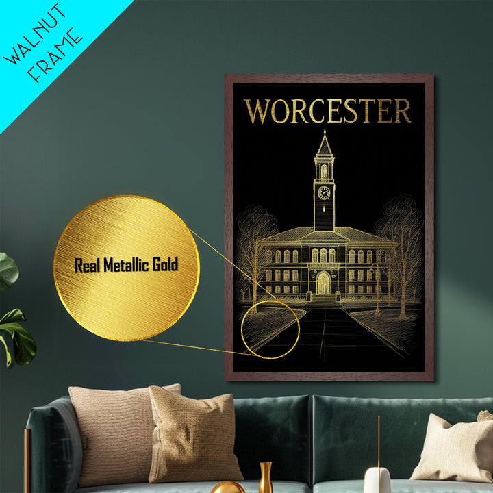 Worcester Massachusetts travel, Metallic Gold Print, Wood Framed Art, Metal Art, Minimalist Wall Art, Metallic Gold Print