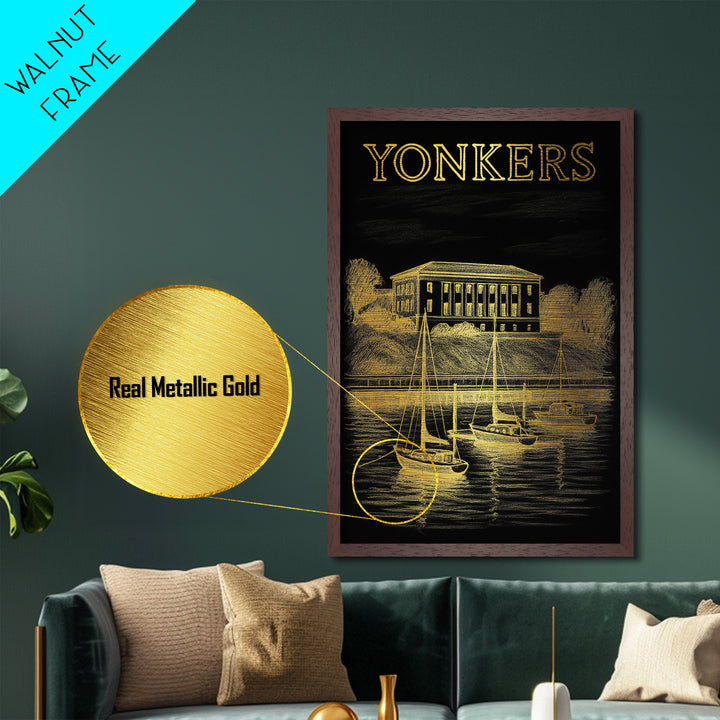 Yonkers New York travel, Metallic Gold Print, Wood Framed Art, Metal Art, College Dorm Décor, Metallic Gold Print