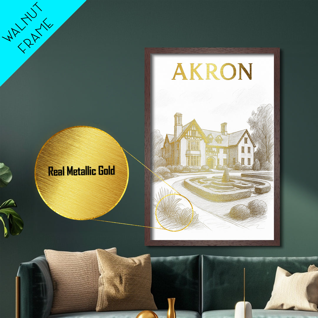 Akron Ohio travel, Metallic Gold Art, Modern House Art, Metal Art, Wood Framed Art, Traveler Gift, Destination Gift