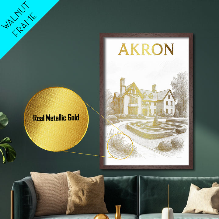 Akron Ohio travel, Metallic Gold Art, Modern House Art, Metal Art, Wood Framed Art, Traveler Gift, Destination Gift
