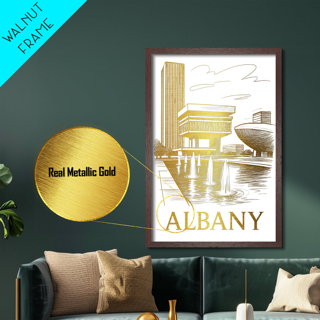 Albany New York art, Metallic Gold Print, Best Friend Gifts, Metal Art, Wood Framed Art, Birthday Travel Gift, Traveler Gift