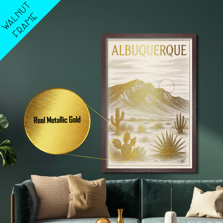 Albuquerque New Mexico travel, Metallic Gold Art, Modern Skyline Wall Print, Metal Art, Wood Framed Art, Travel Gift, Adventure Lover Gift