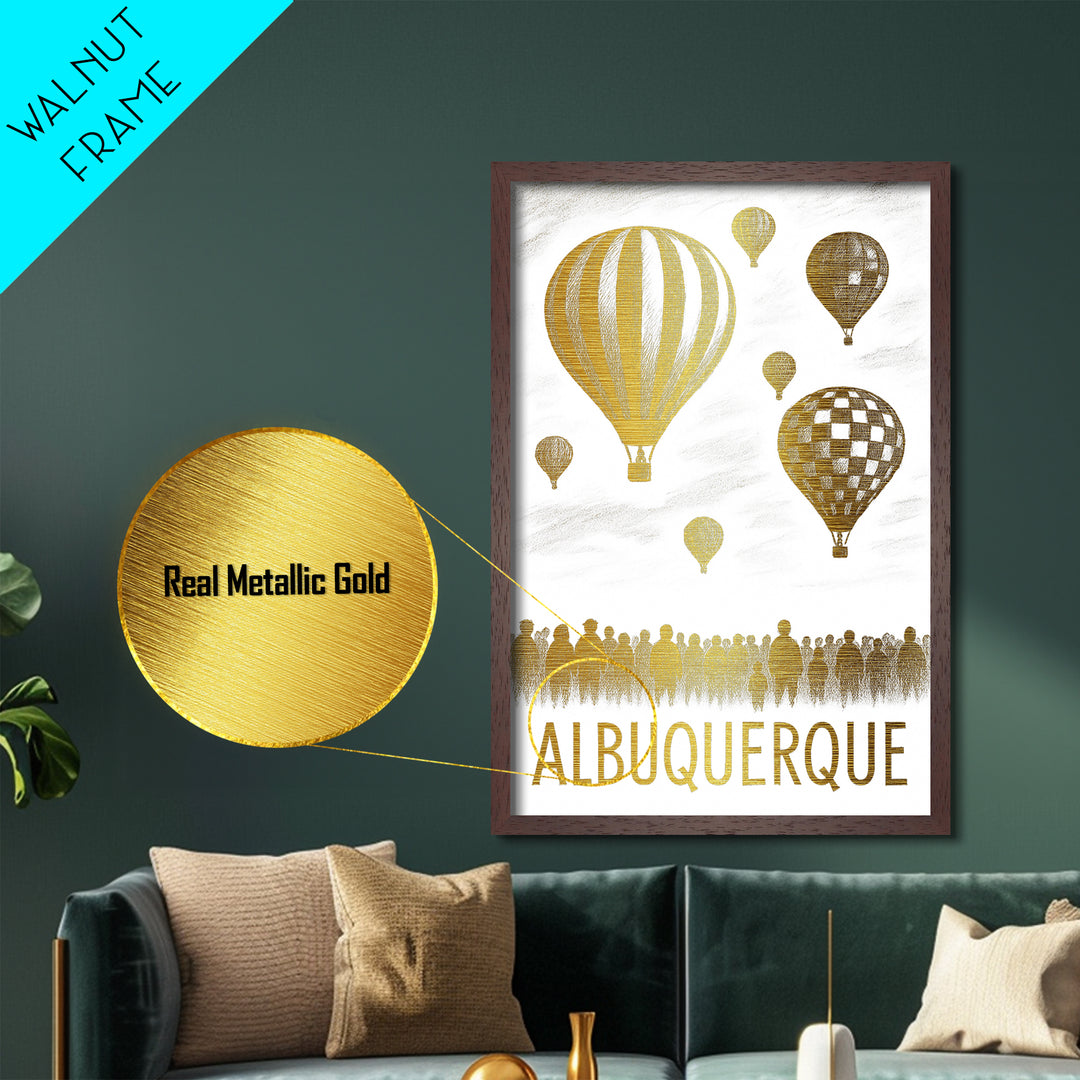 Albuquerque New Mexico art, Metallic Gold Print, Housewarming Gift, Metal Art, Wood Framed Art, Newlywed Travel Gift, Honeymoon Gift