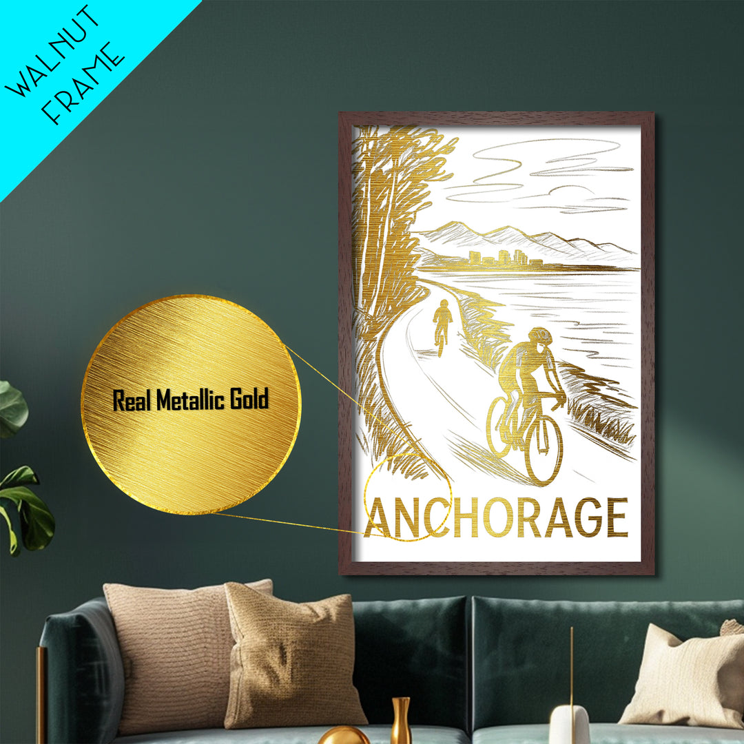 Anchorage Alaska travel, Metallic Gold Art, Modern Skyline Wall Print, Metal Art, Wood Framed Art, Adventure Lover Gift, Travel Gift