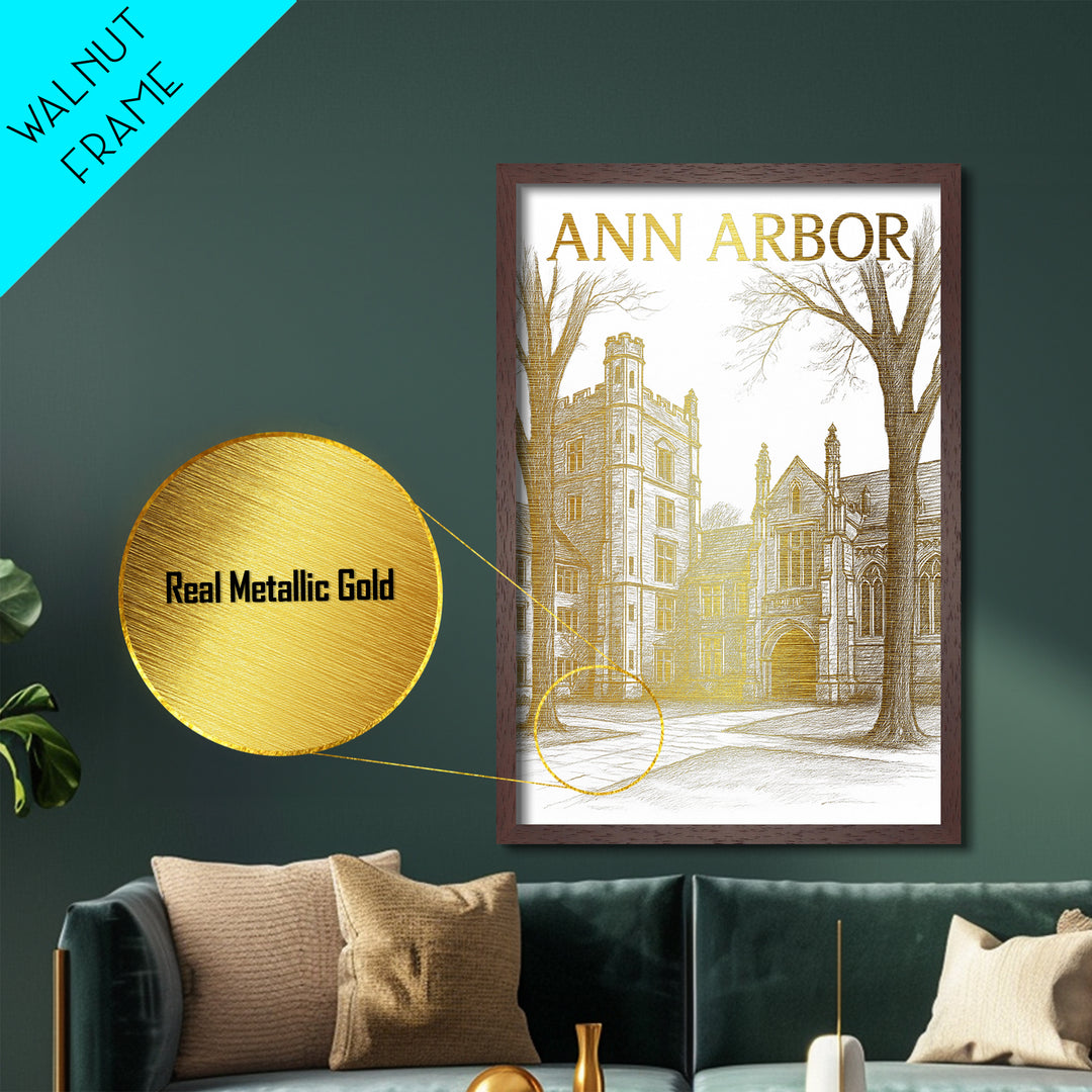 Ann Arbor Michigan travel, Metallic Gold Art, Modern House Art, Metal Art, Wood Framed Art, Wanderlust Gift, Travel Art Prints