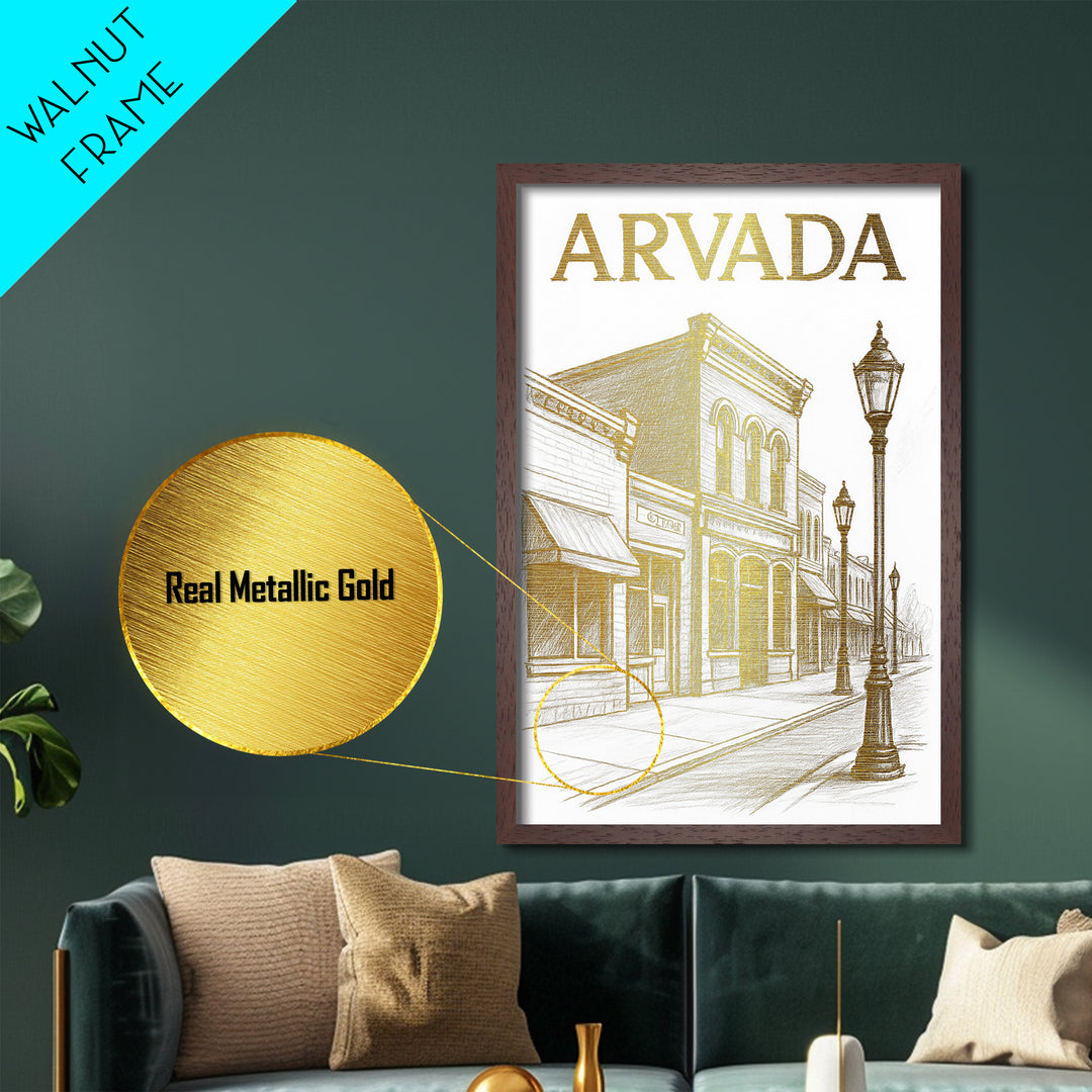 Arvada Colorado travel, Metallic Gold Art, Modern Skyline Wall Print, Metal Art, Wood Framed Art, Adventure Lover Gift, Travel Gift