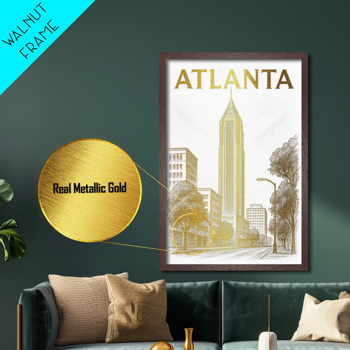 Atlanta Georgia travel, Metallic Gold Art, Modern House Art, Metal Art, Wood Framed Art, Wanderlust Gift, Travel Art Prints